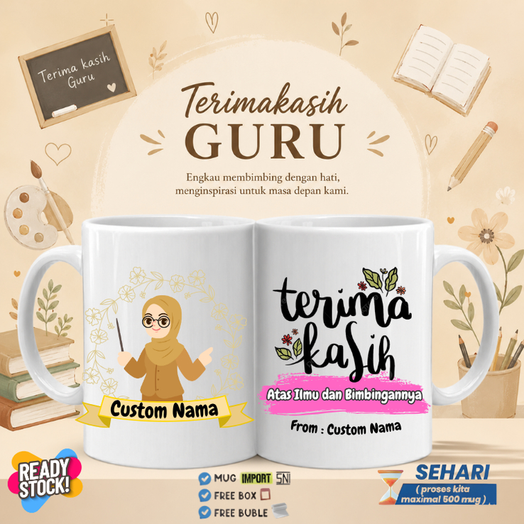 Mug Terimakasih Guru Perempuan  - Desain Unik, Bahan Ceramik, Cocok untuk Kado