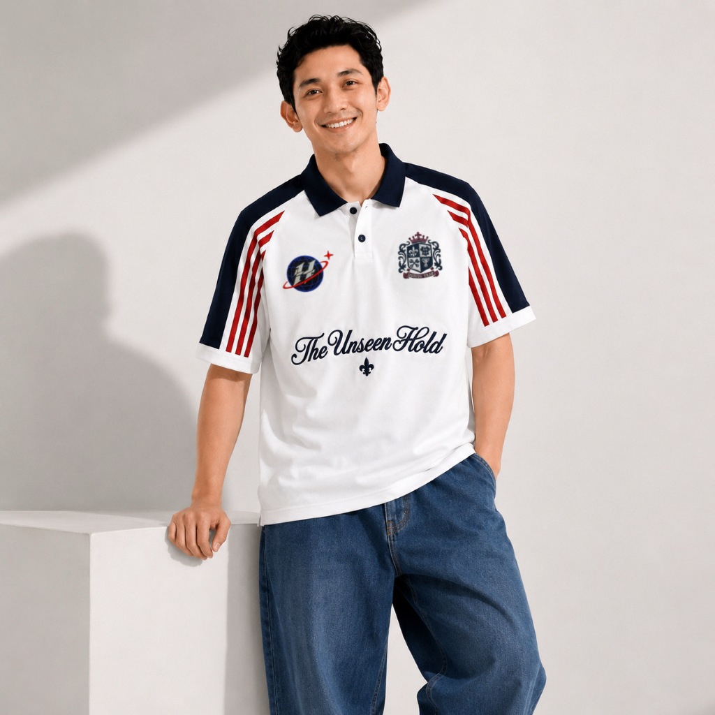 Kaos Polo Pria Oversize Putih Biru Merah Motif Garis Saku Dada Desain Klasik