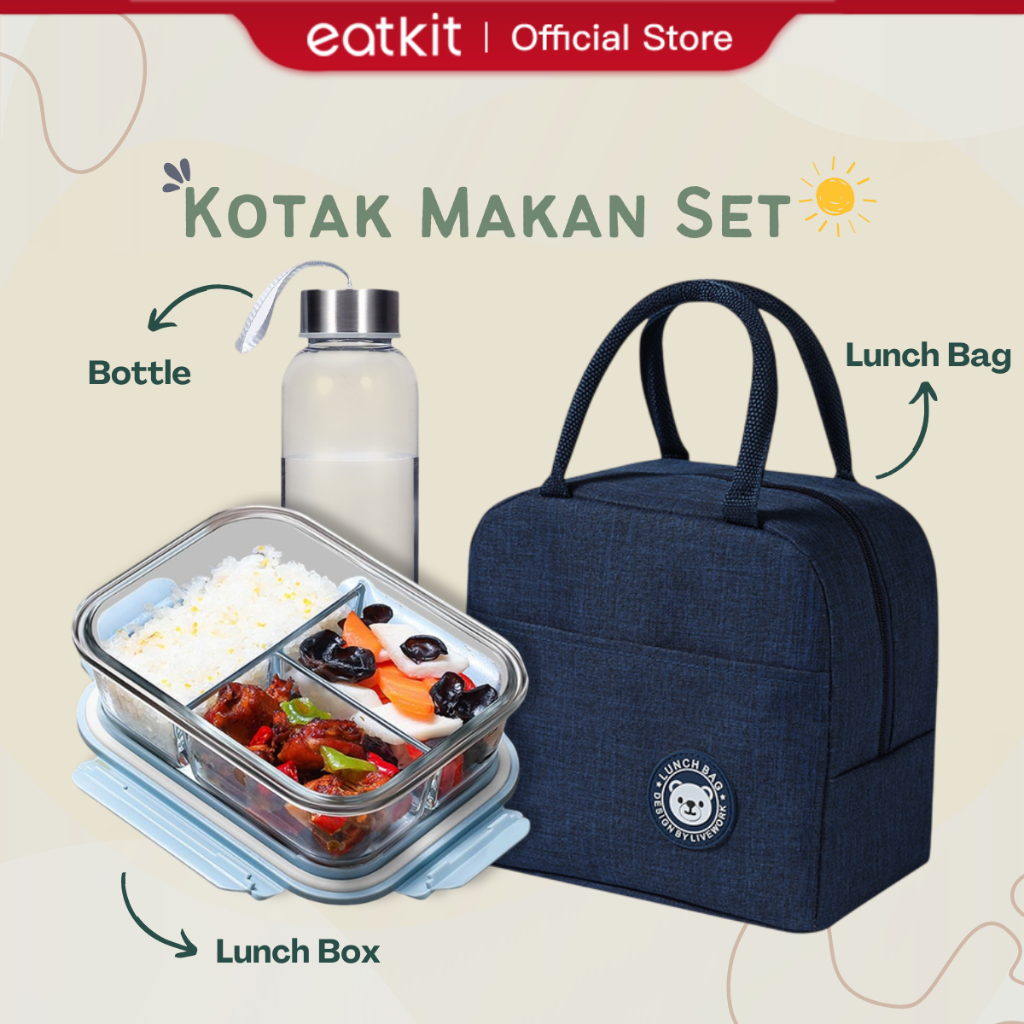 Eatkit Kotak Makan Siang Kaca 1000ml Lunch Box Glass Microwaveable 3 Sekat Food Storage