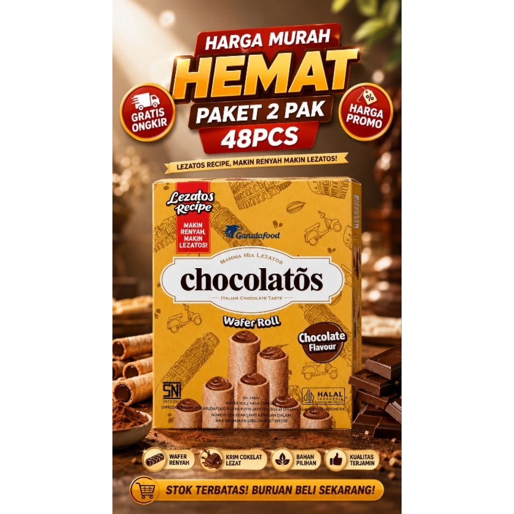 WAJIB BACA DULU!! Chocolatos Wafer Roll Chocolate HARGA HEMAT MURAH PAKET 2 PAK 48PCS Renyah Lezat O