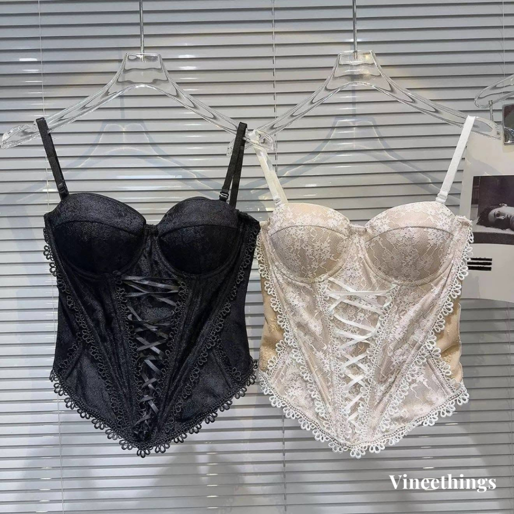 Bustier Top Camisole Bra Longtorso Korset Kemben Push Up Kawat Busa Sedang WireBra ThinCup Lace Rend