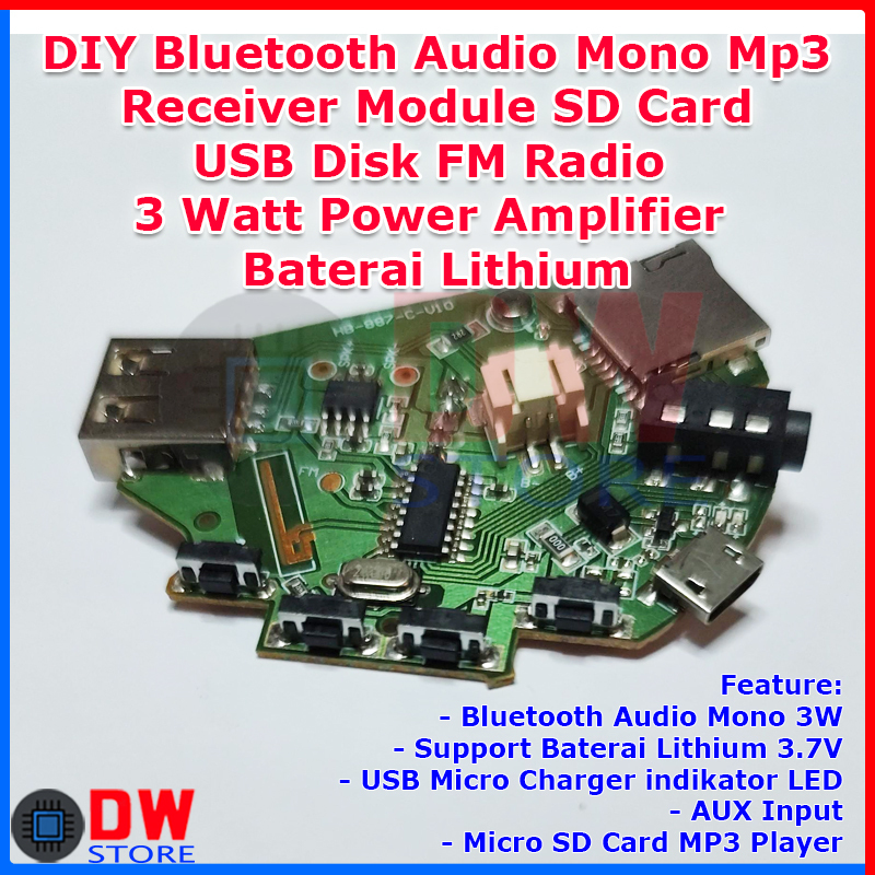 PCB Modul Bluetooth Audio USB MP3 Player Micro SD Card Aux Input Mono 3W Amplifier Baterai Lithium