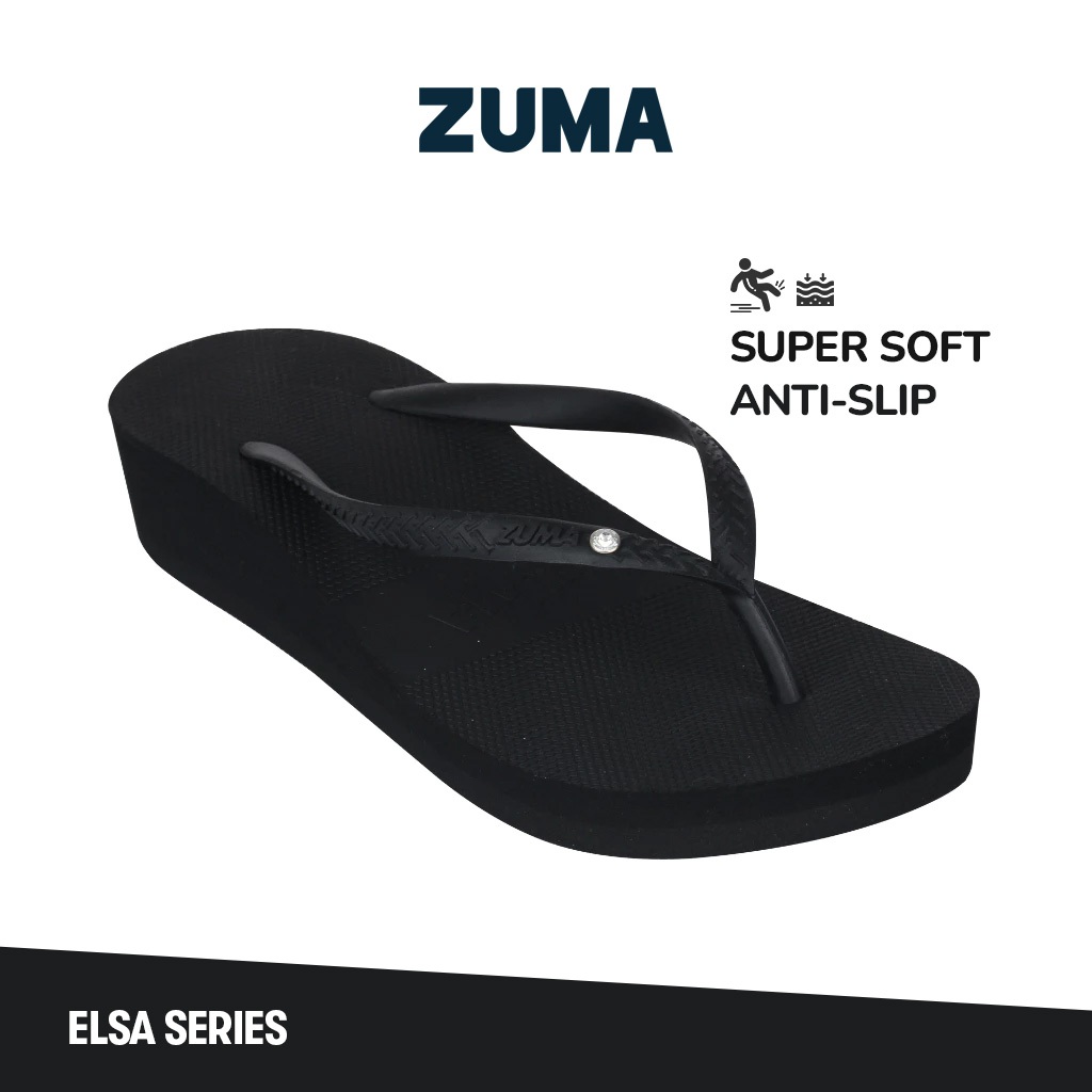 Zuma Women Tiffany 2 Black Sandal Jepit Wanita Wedges Karet Polos Hitam Anti Slip