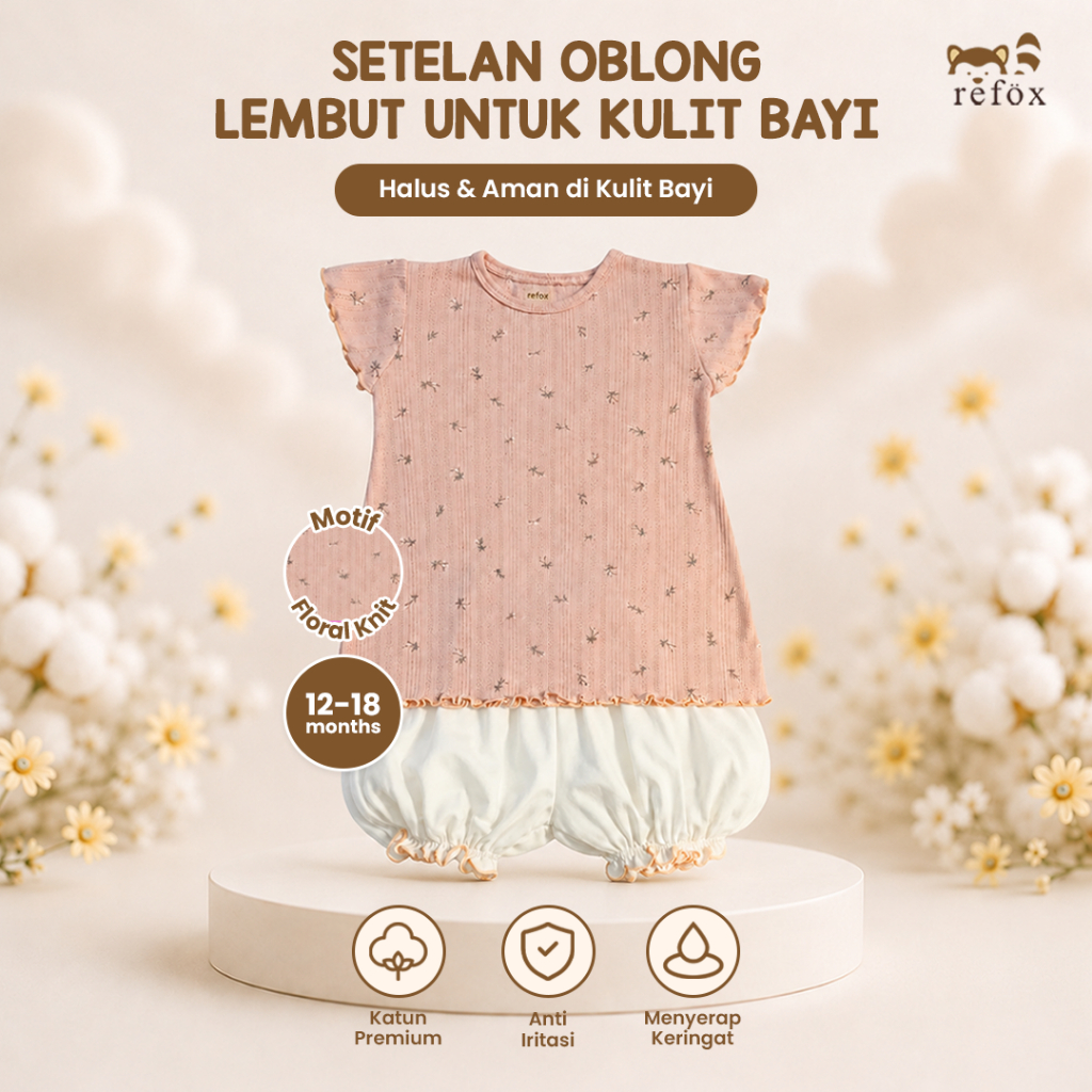 (12 - 18 Bulan) REFOX - POINTELLE Setelan Oblong Peach Tulip