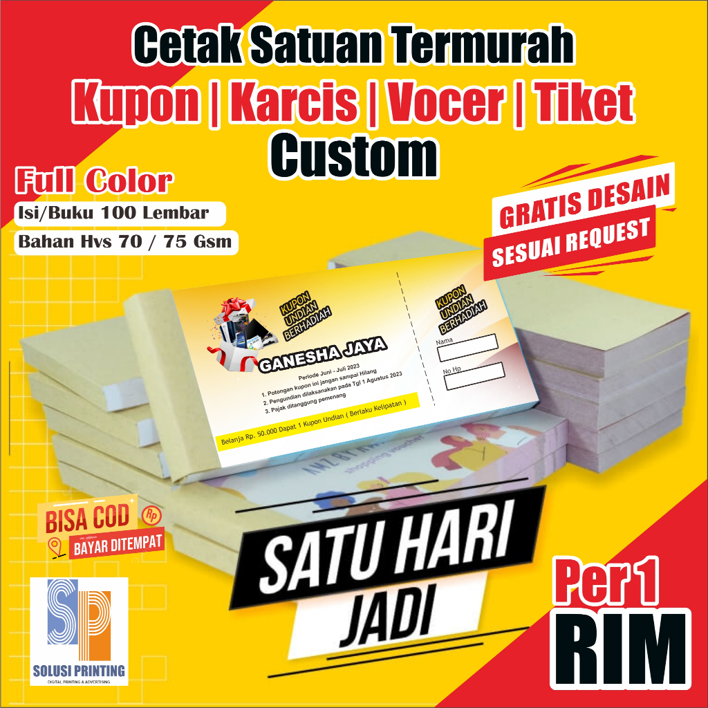 CETAK KUPON KARCIS TIKET CUSTOM 1 RIM untuk undian parkir hadiah doorprize jalan sehat jalan santai 