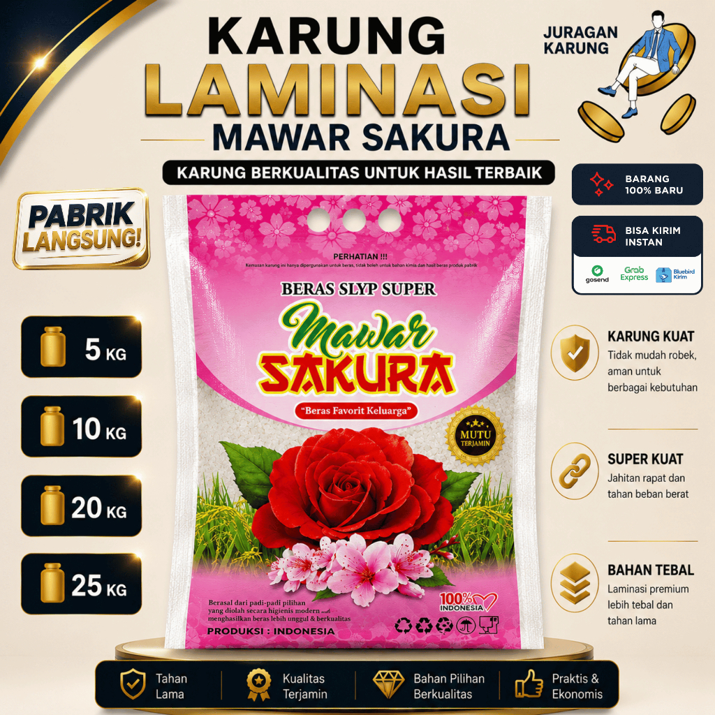 Karung Laminasi Mawar Sakura Bunga Kembang Beras Super Karung beras cetak gambar 5kg 10kg 20kg 25kg 