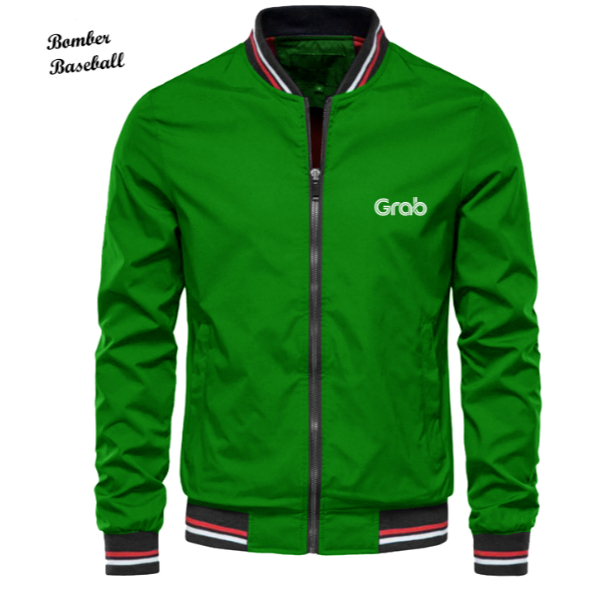 Jaket Baseball Zipper Logo Grab Grabbike Original Jaket Taslan Bomber Driver Ojol Grabfood Waterproo