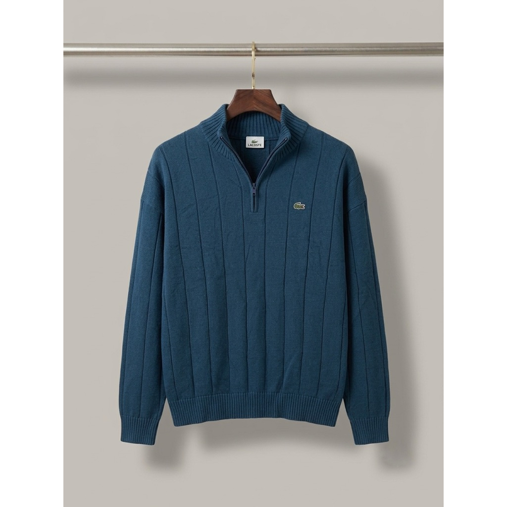 Tracktop Lacoste Half Zipper Teal Rajut Mewah Pria