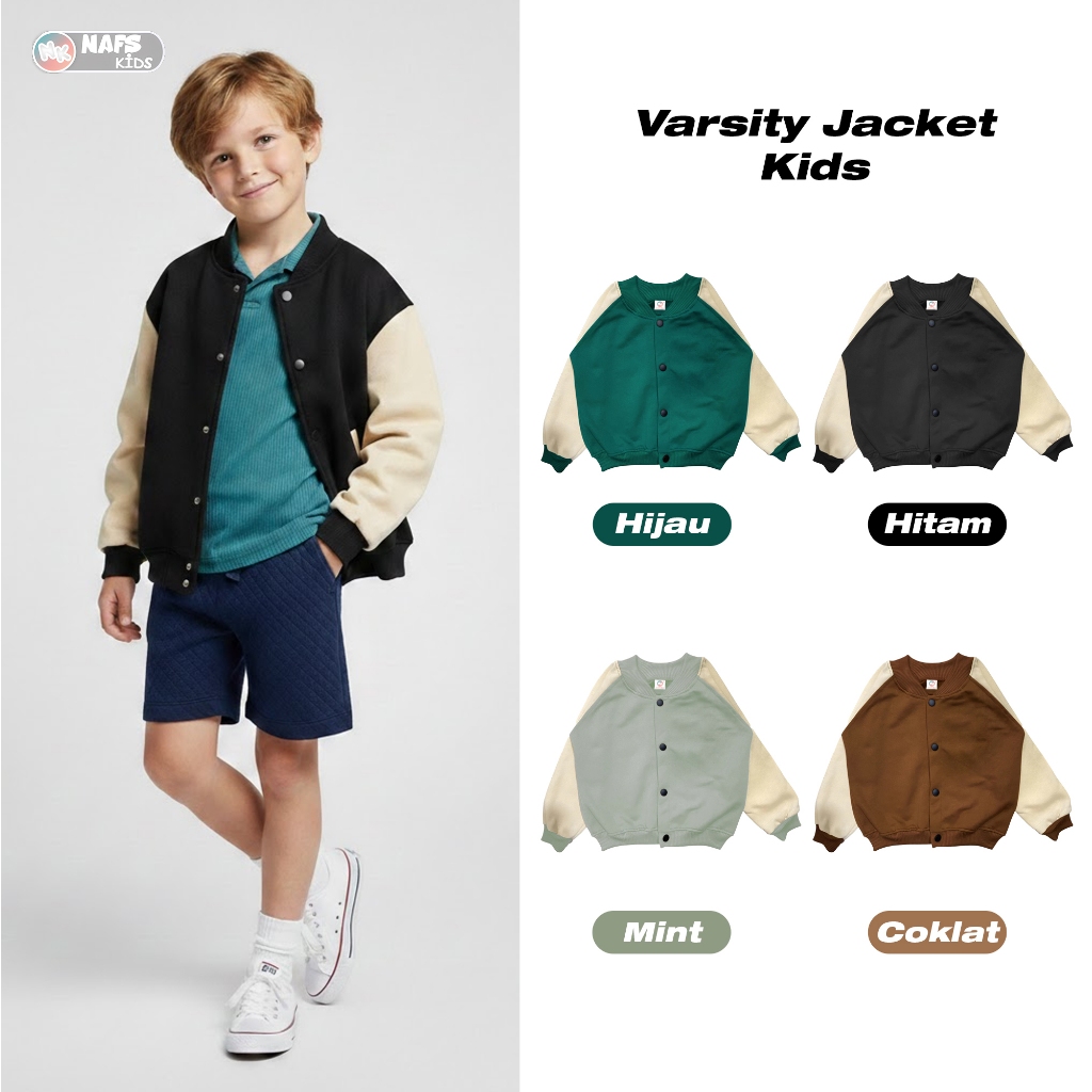 NAFS - Varsity Jacket Anak Unisex Bahan Fleece Hitam Cream