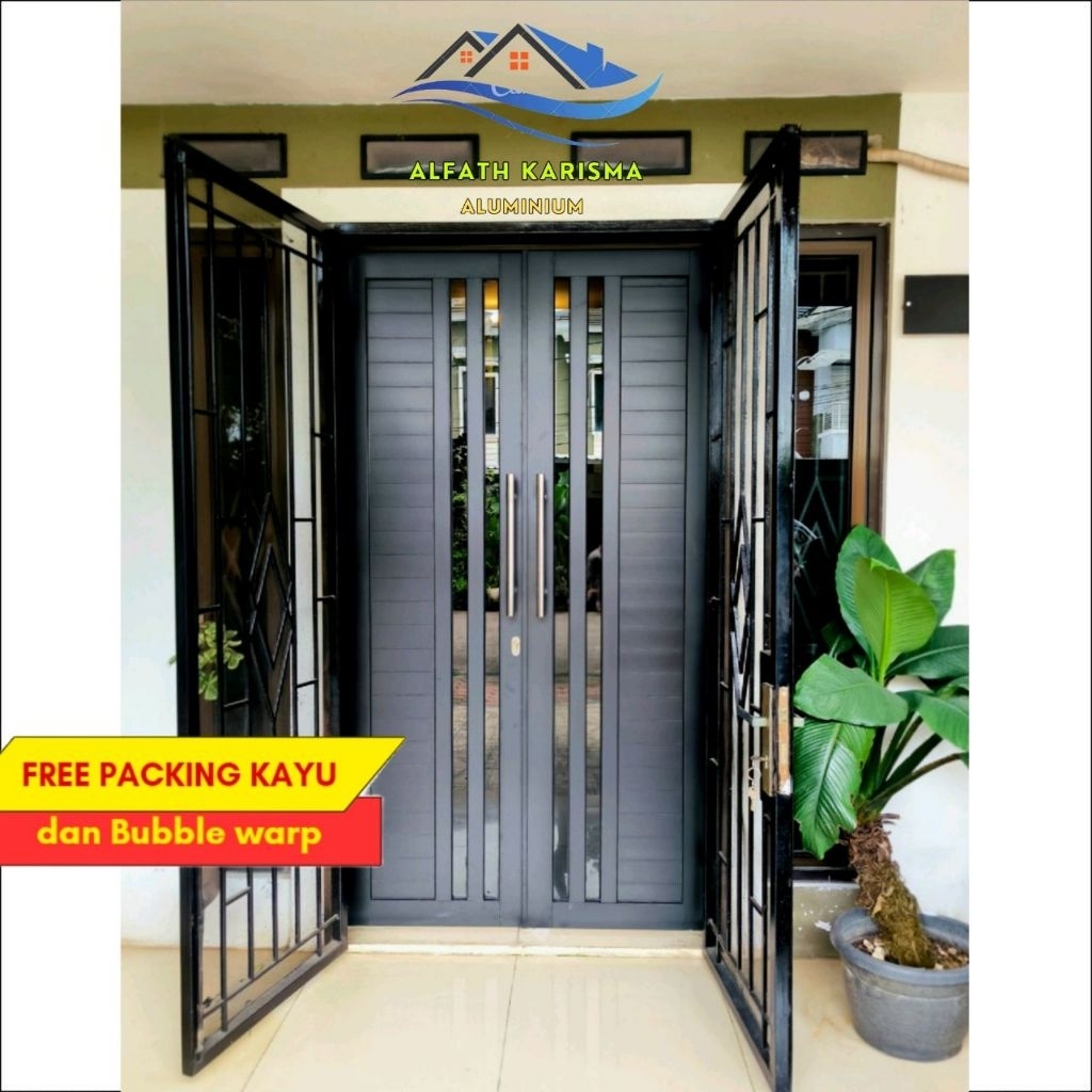 PINTU UTAMA KUPU-TARUNG Aluminium model 4 garis kaca full set, T200xL120 dll. (bisa custom ukuran da