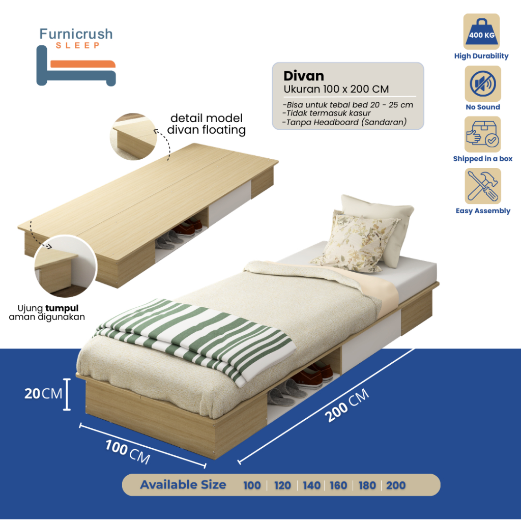 Furnicrush Sleep Dipan Kasur 100 X 200 / Ranjang Tempat Tidur / Divan 100 / Dipan Laci / Divan Singl