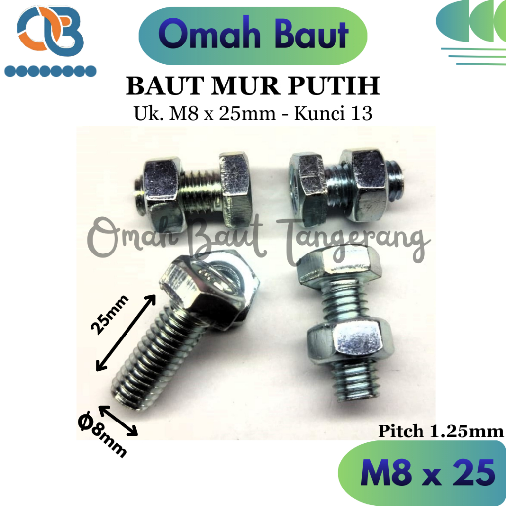M8x25 Baut Mur M8 X 25 BMP Galvanis Putih / Baut Rak Siku Diameter 8mm panjang 25mm/2,5cm