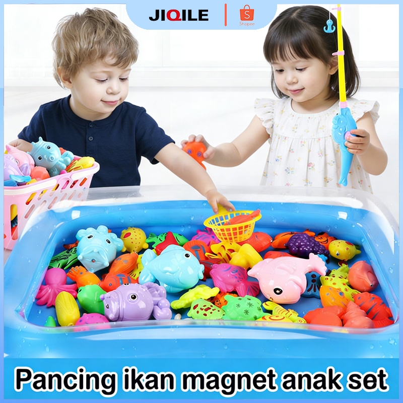 JIQILE 60Pcs Mainan Pancing Ikan Magnet Mainan Pancingan Ikan Set Lengkap