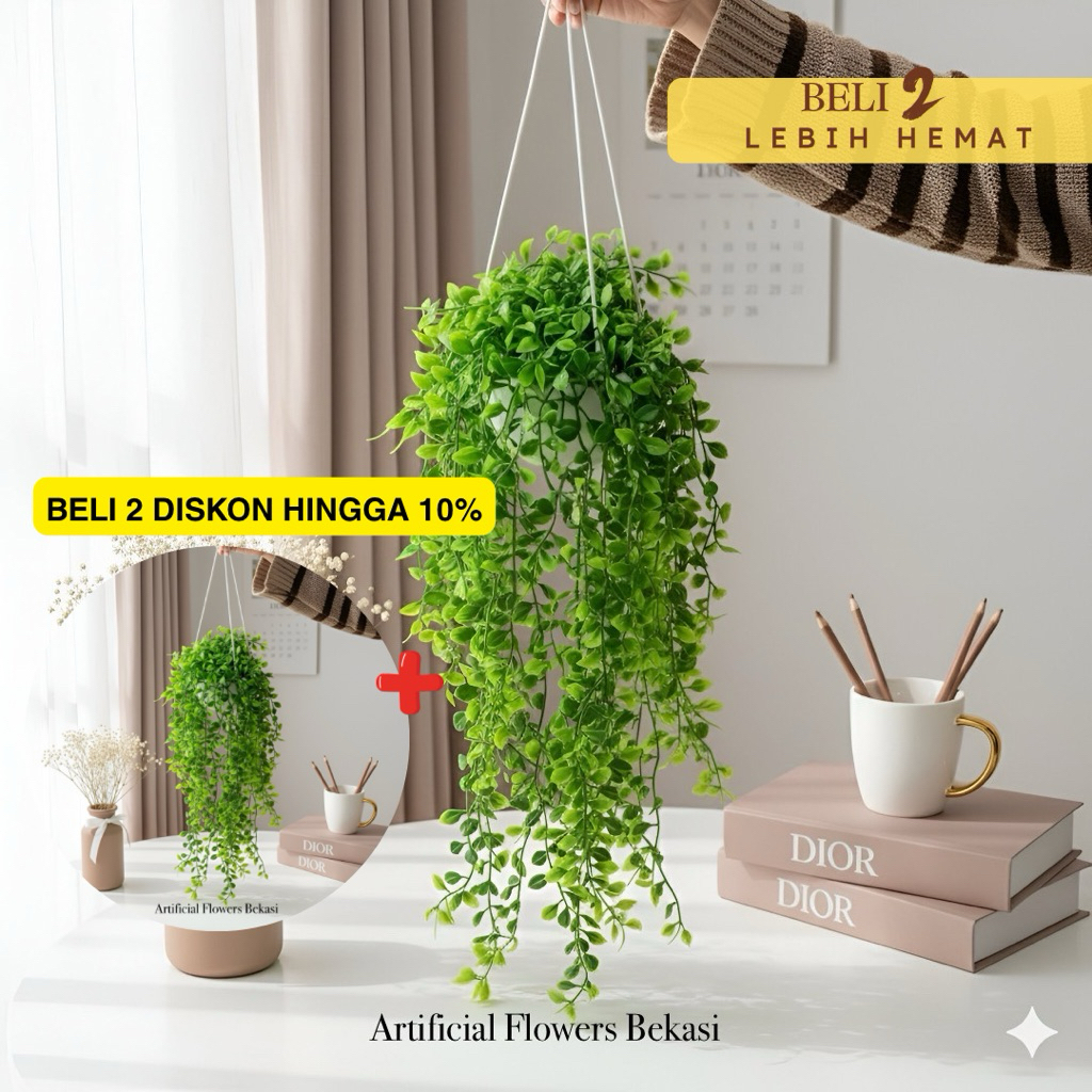 Bunga Kemuning Plastik Hijau dengan Pot Gantung Tali untuk Dekorasi Rumah, Teras, Balkon, Kafe, dan 