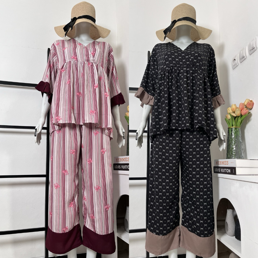 PIYAMA JUMBO KIMI SET LD 120/Setelan rayon lengan 3/4/baju tidur wanita kekinian/setelan kimono