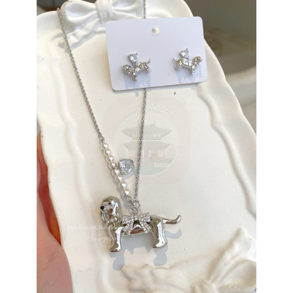 [READYSTOCK HANDCARRY KOREA] Jorya Daschund Silver Necklace & Earrings —  Kalung Liontin Anjing Anti
