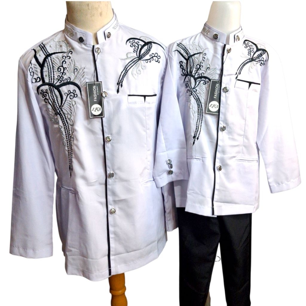Jasko dewasa dan setelan anak Motif Bordir Baju Koko Couple Jas Koko Pria Panjang Putih Hitam Murah
