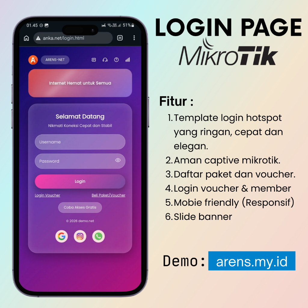 Template Login Page Mikrotik Premium Hotspot Ringan Responsive Gradient Color | Login Hotspot-Vi