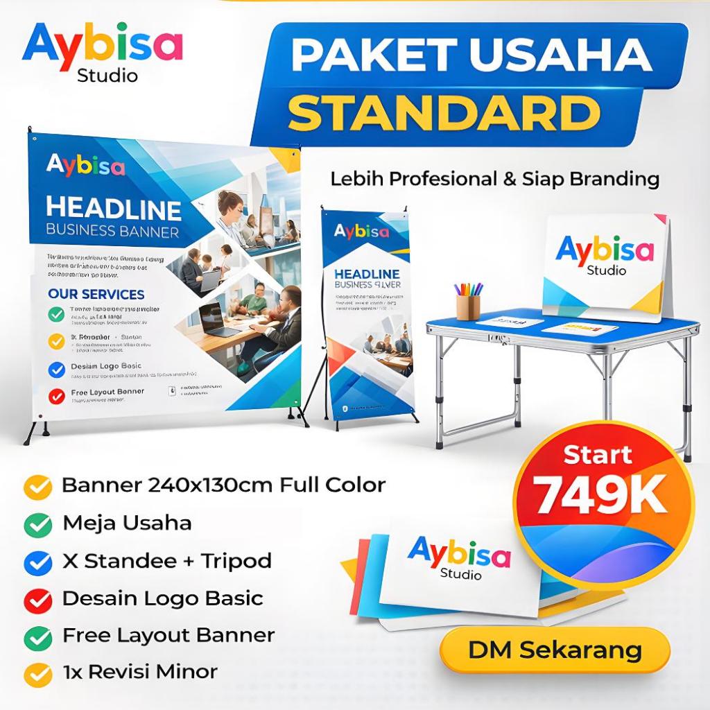 Paket Usaha Standard UMKM – Banner + Meja + X Standee + Desain Logo