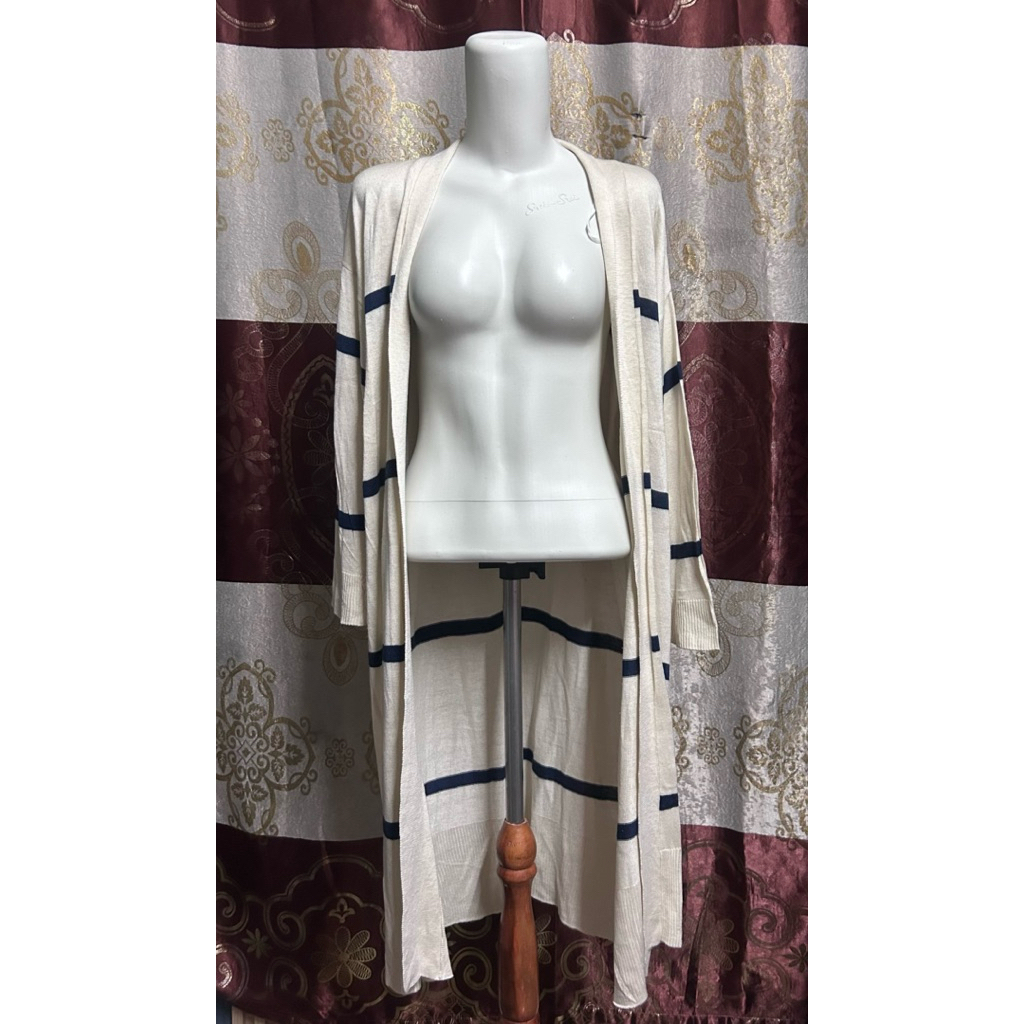 pl baju wanita long cardigan rajut salur putih biru model belah samping / atasan outer tanpa kancing