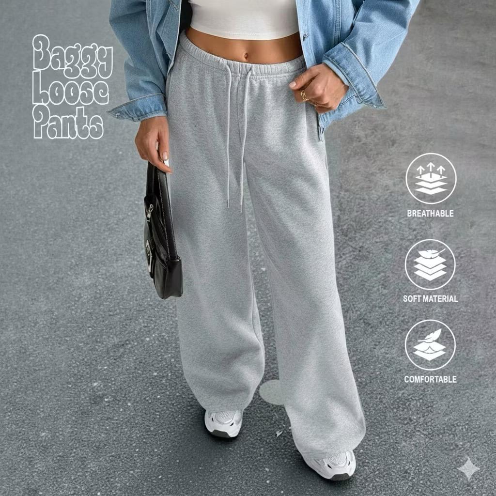 Celana Panjang Loose Baggy Sweatpants Basic Kulot Highwaist Korean Style Training Loose Pants Casual