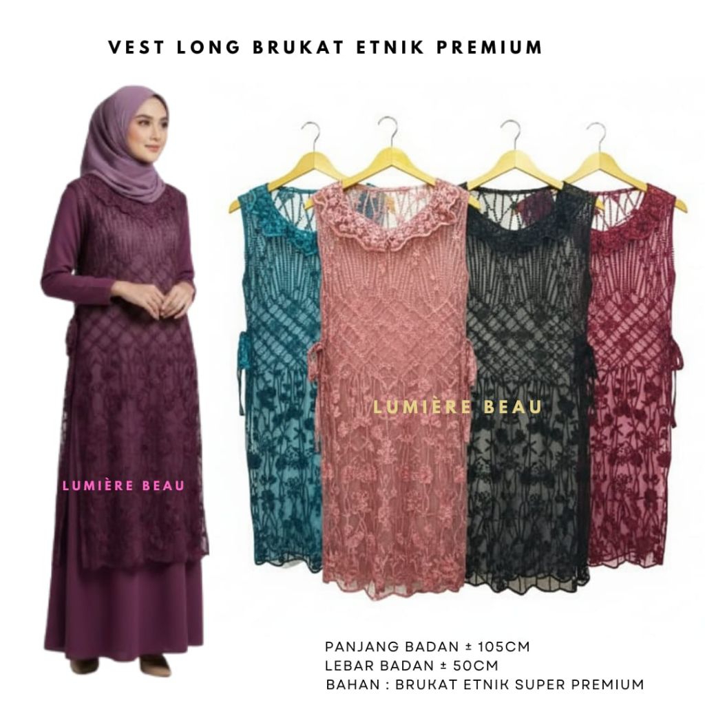 VEST BRUKAT LONG TUNIK ROMPI BROKAT PANJANG OUTER BRUKAT ETNIK PREMIUM OUTER RENDA OUTER GAMIS GAUN 