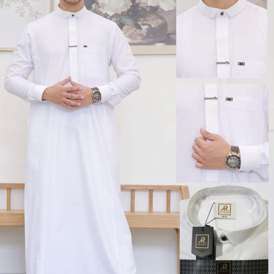 gamis alraz ubaidillah / alraz thobe / alraz ubaydillah putih premium katun dewasa berkerah