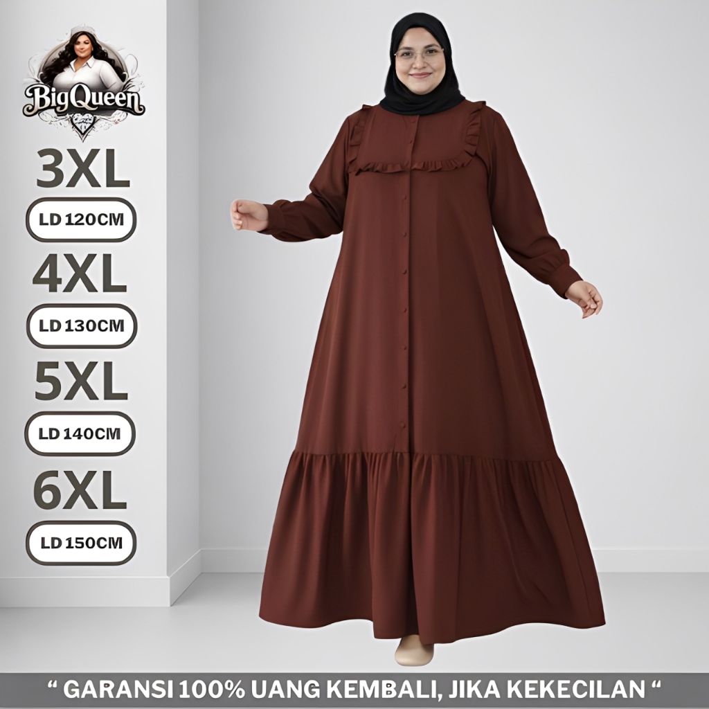 Gamis Dress Big Size LD 120 130 140 150 Baju Lebaran Syari Polos Crinkle Premium Jumbo Mahogany