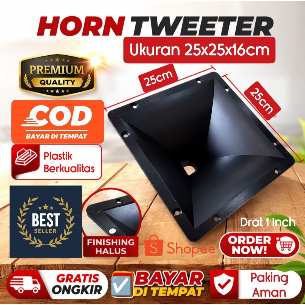 Horn Tweeter 25 x 25 UKURAN 25X25X16 cm Bahan Plastik Berkualitas UKURAN DIAMETER 2,5cm TEBEL 0,5CM.