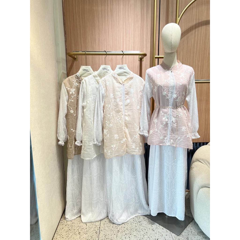 (COD) GBMJ BUTIK Maxi Dress Gamis Victorine Brukat Organza Floral Lengan Balon Modern Raya Koleksi E