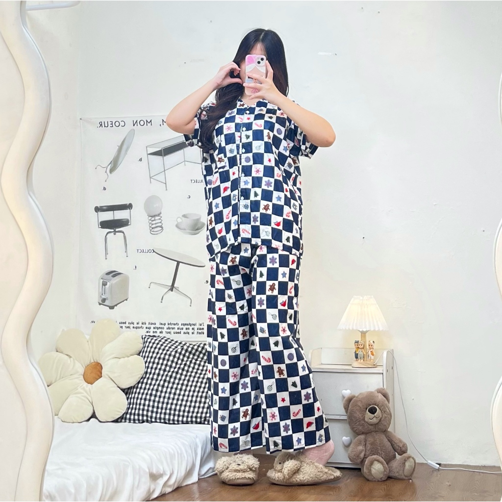 Sapasara - Piyama Jumbo Bali LD 120 Setelan Baju Tidur Wanita Kancing Depan Lengan Pendek Celana Pan