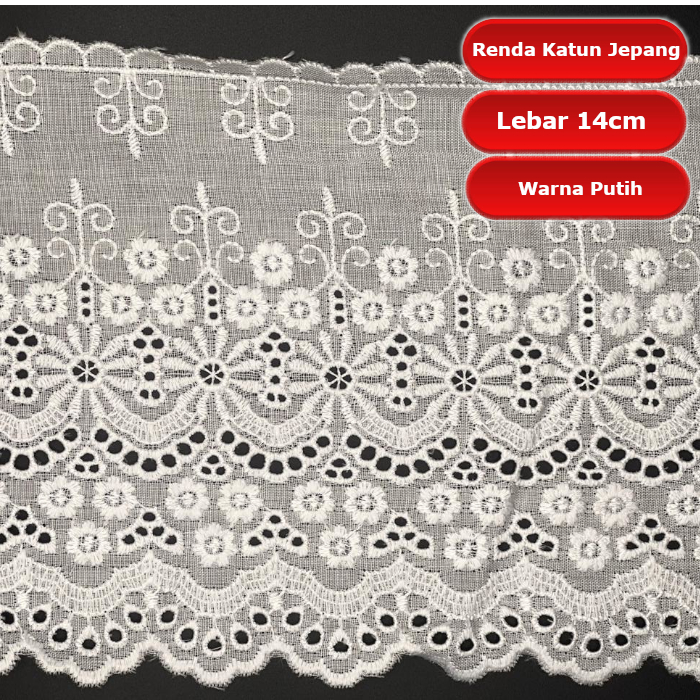 Renda Katun Jepang warna putih Lebar 14cm Per Meter