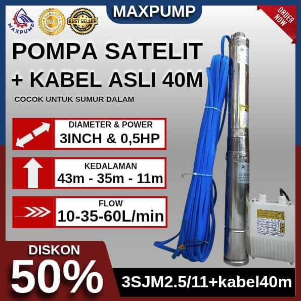 MAXPUMP Pompa Satelit 3" 0.5HP plus 40M kbl biru sumur dalam / Sumur bor Pompa Air Bersih Sumur dala