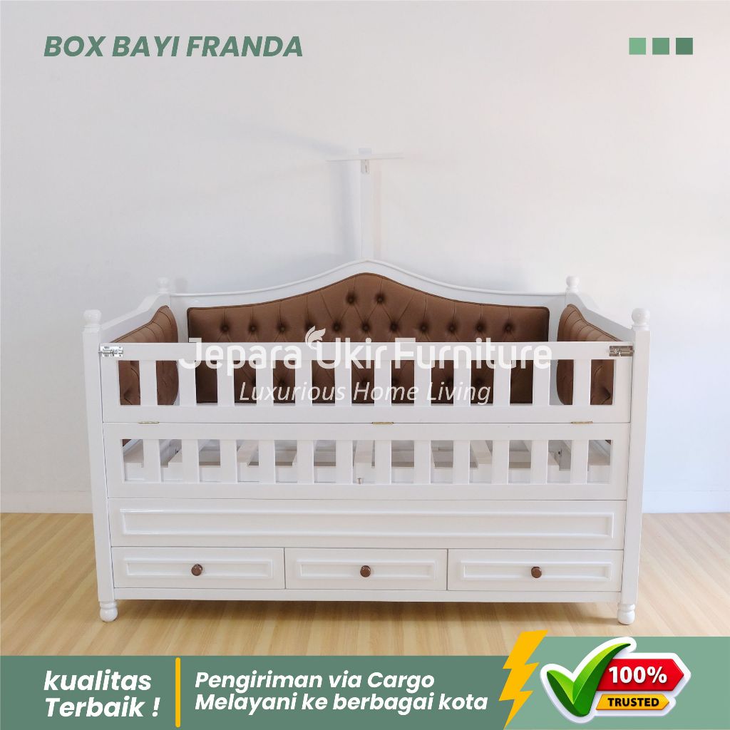 Tempat tidur bayi ukuran besar, Ranjang tidur anak, Box bayi kayu cat duco putih,