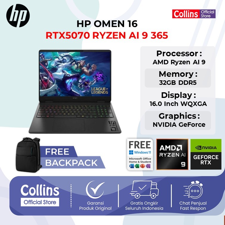 HP OMEN 16 RYZEN AI 9 365 RTX5070 8GB 32GB 1TB W11+OHS+M365B 16.0WQXGA 240HZ 4ZRGB 100SRGB AP0197AX
