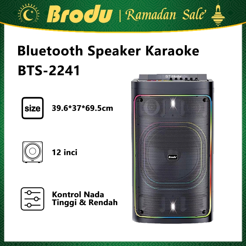 Speaker Karaoke Brodu BTS-2241 Professional dengan 2 Mic Wireless & LED Warna-Warni - Speaker Party 