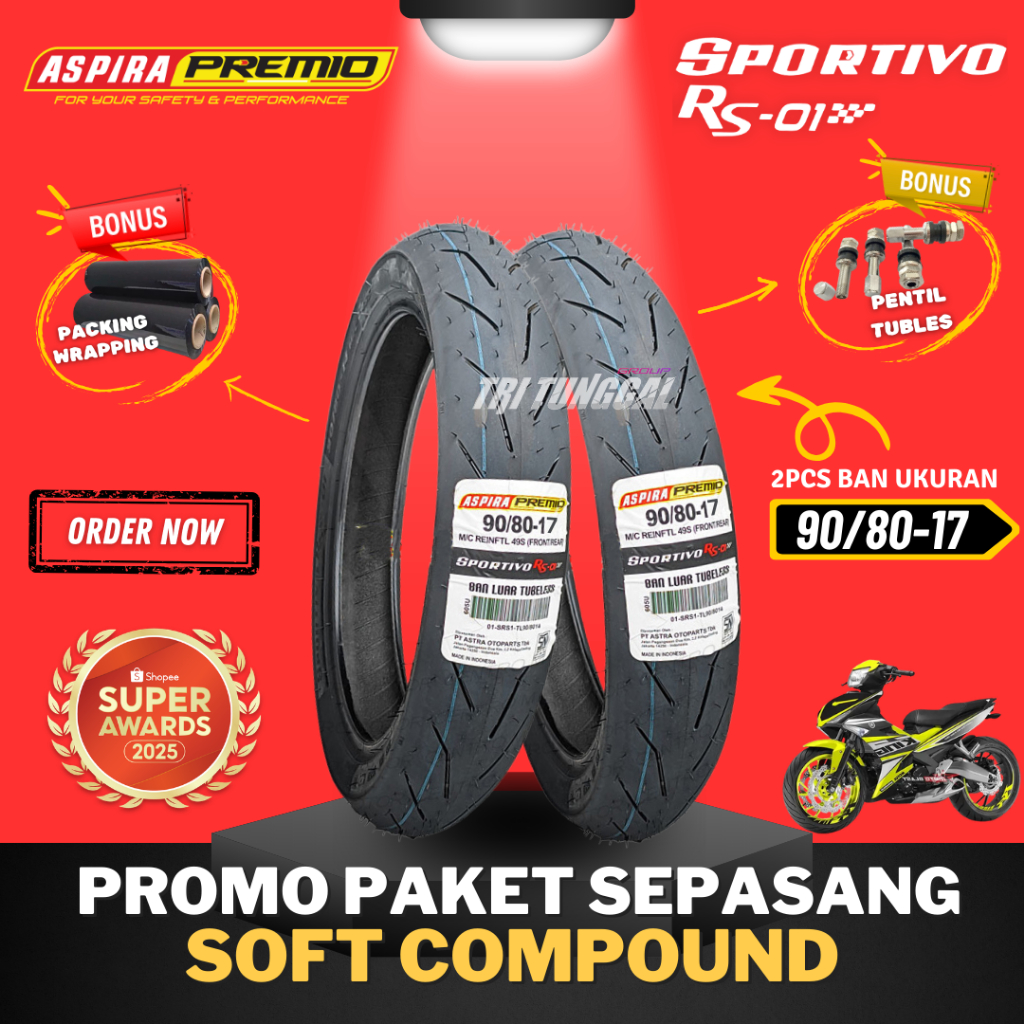 [PAKET SEPASANG] BAN ASPIRA PREMIO SPORTIVO RS01 RING 17  TUBELESS SOFT COMPOUND ( 90/80-17 ) / BAN 