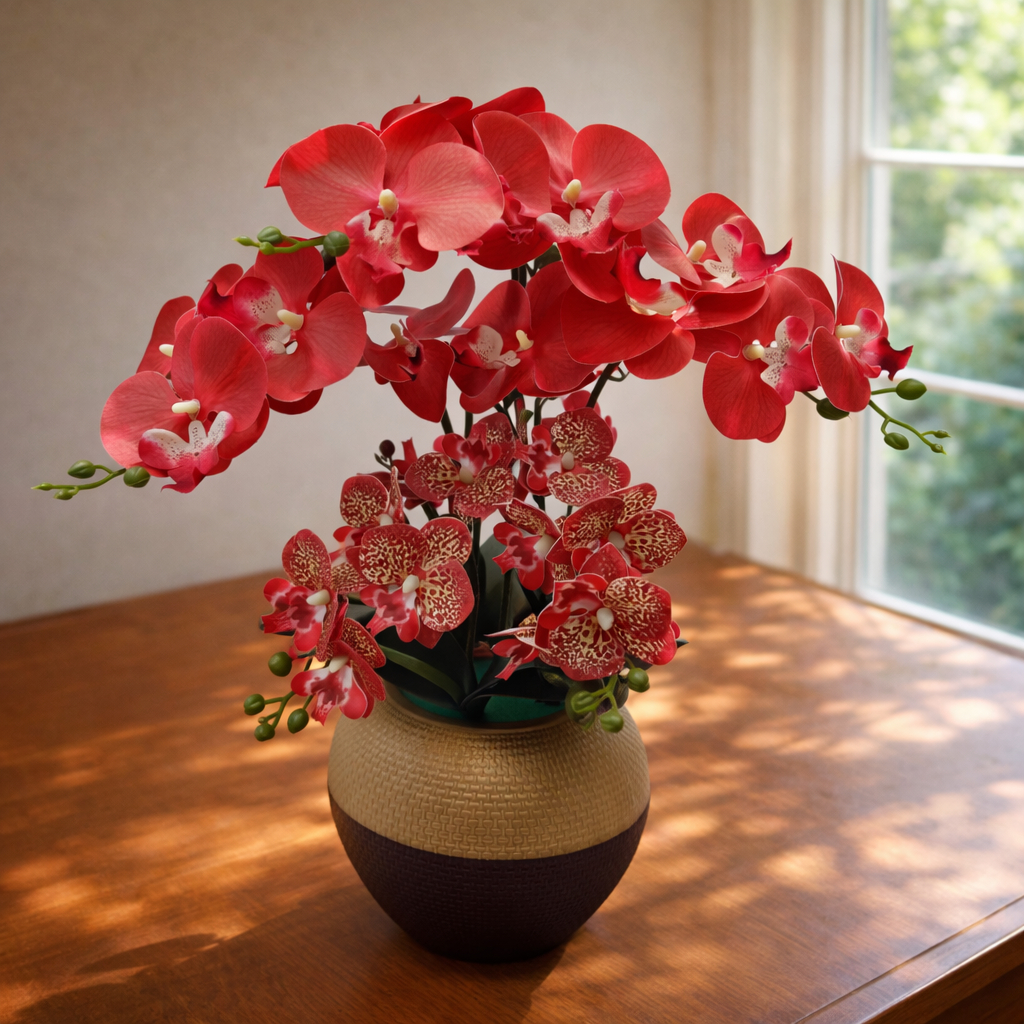 Dekorasi Lebaran Mewah 1 Set Anggrek Putih Artificial Real Touch Dengan Vas Emas Hiasan Meja Tamu Ha