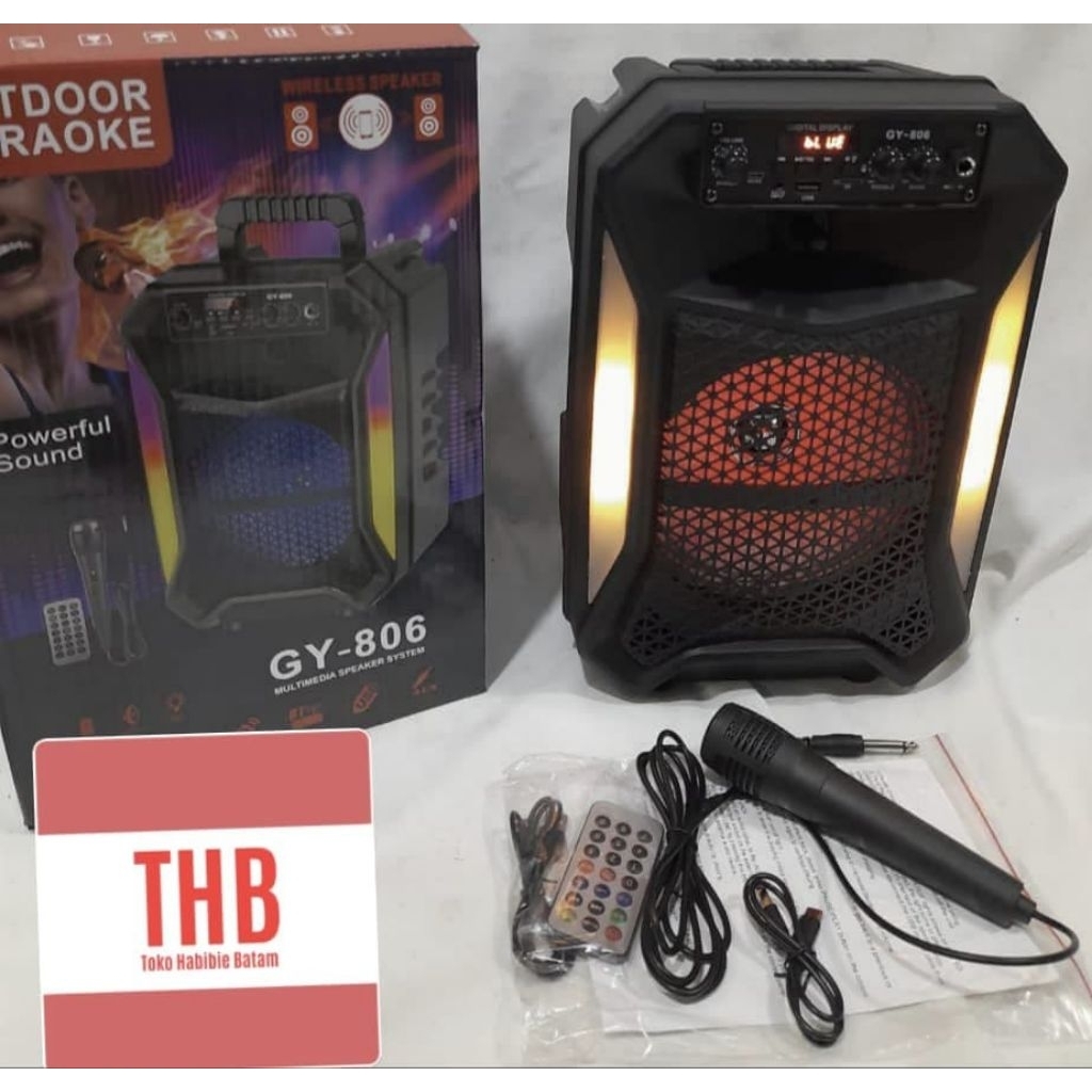 super bass gy 806speaker portabel bluetooth Bonus mic kabel tersambung Ukuran 8 inchi22 x 18 x 38 cm