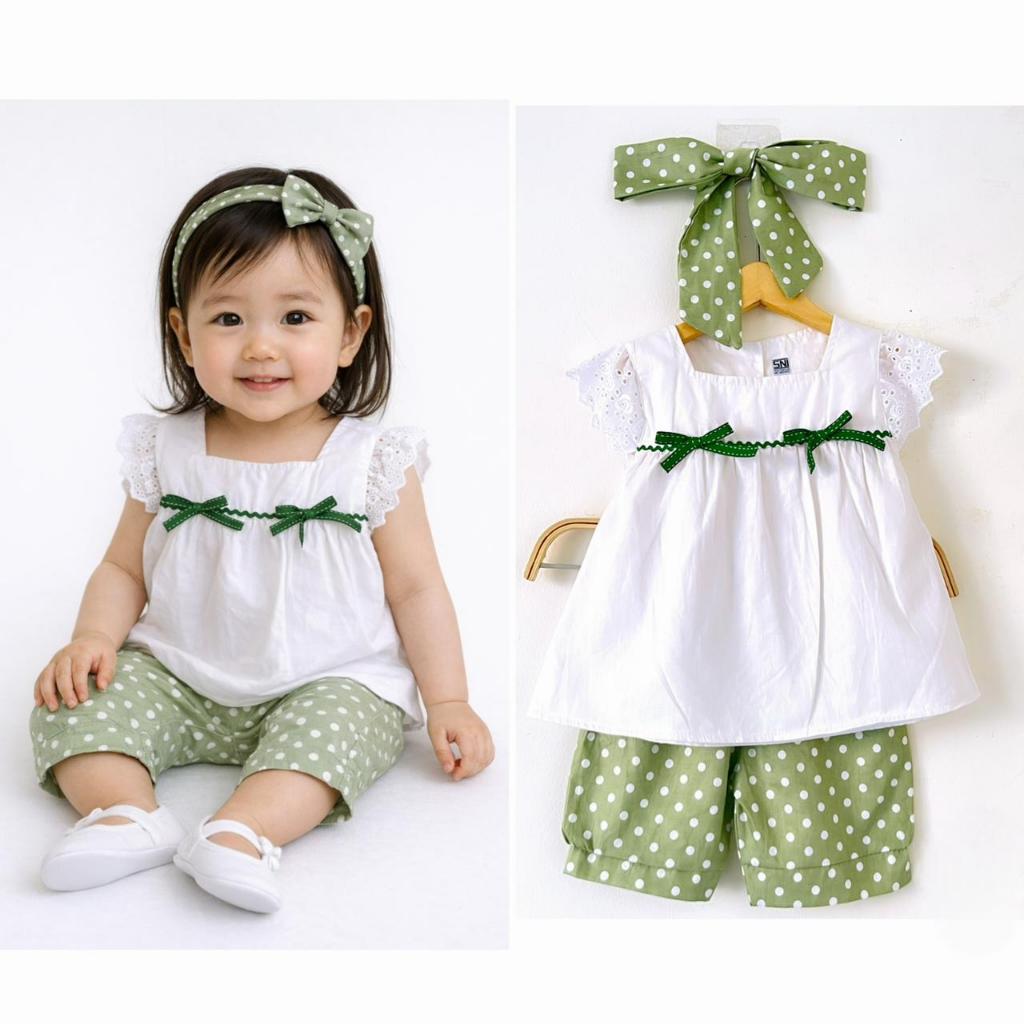 BABY DOLL in POLKA Baju Setelan Anak Bandana Fashion Bayi Perempuan Cewek Terlaris  silucubabyshop