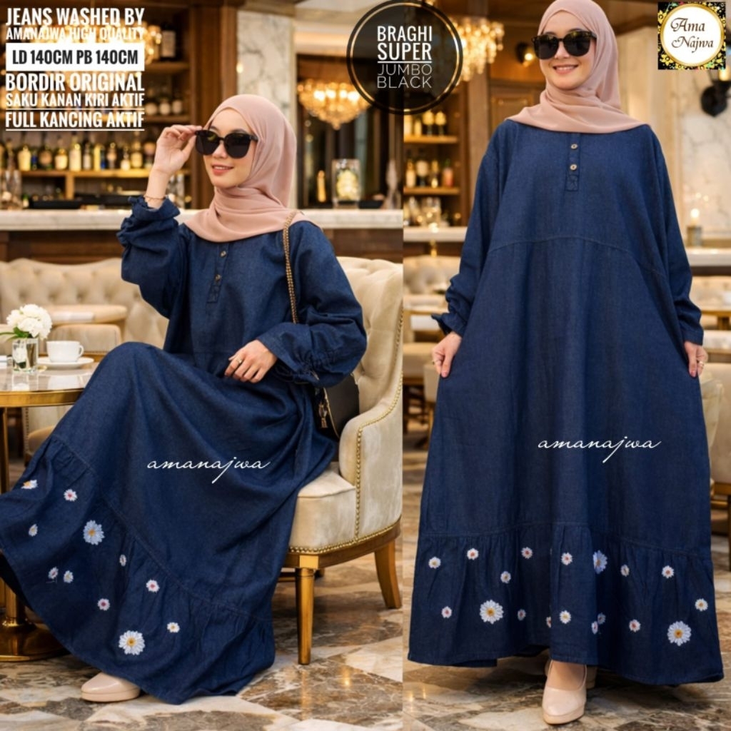 LD 140 Gamis Jeans Bordir Bunga BRAGHI SUPER JUMBO MAXI