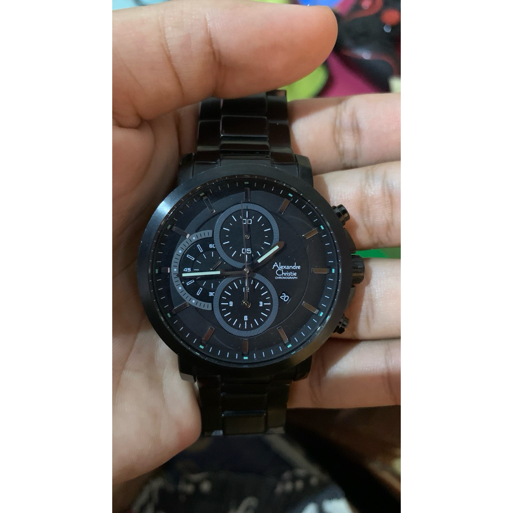 Jam Alexandre Christie AC 6563 MC BBRBA Chronograph Men Black Dial Black Stainless Steel Strap
