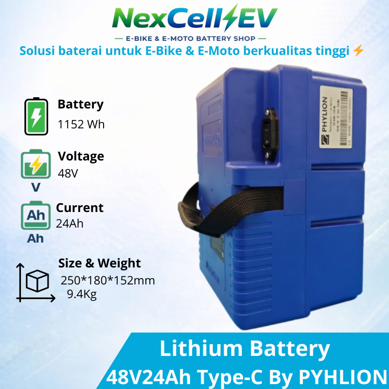 Baterai Sepeda Listrik Lithium By PHYLION 48V-24Ah Type C Laydown. Garansi Full Replacement 2 Tahun