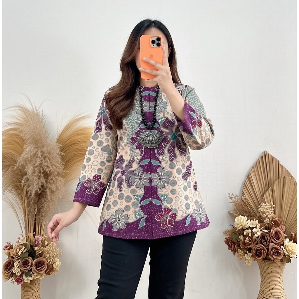 Blouse Batik Wanita Katun Ungu Fromal Kantor S-XXXL Motif Batik