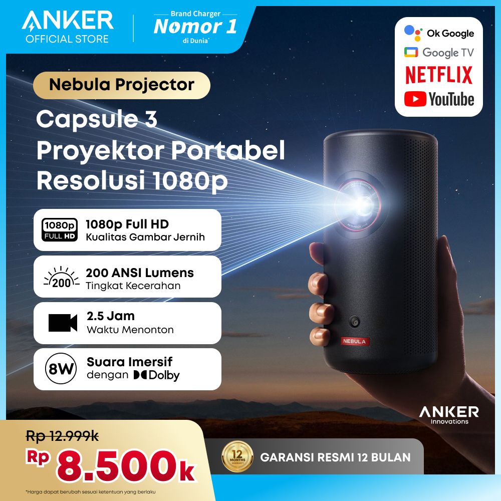 NEBULA Capsule 3 GTV Projector Netflix Officially Licensed 1080P Smart Mini Projector with Wi-Fi, 2.