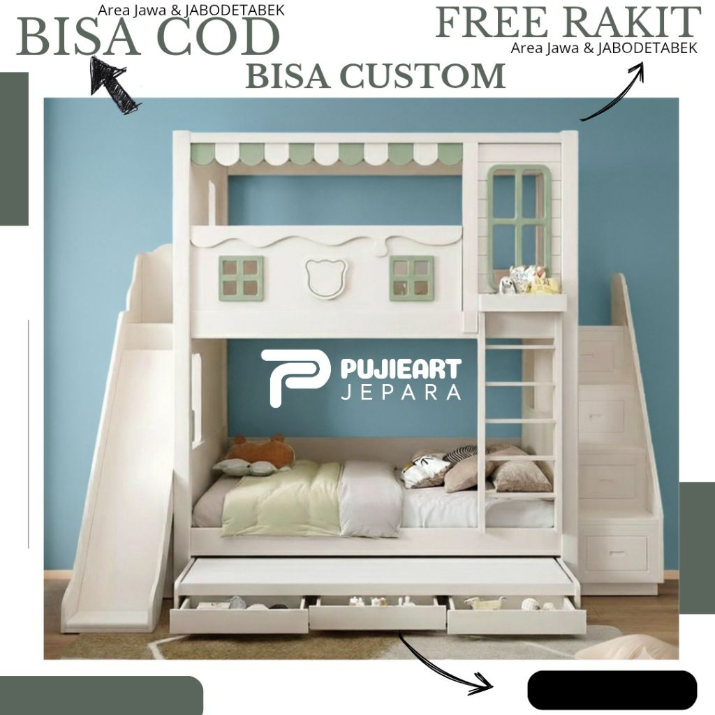 Tempat Tidur Anak Tingkat 2 Perosotan , Ranjang Tidur Custom Kayu Solid