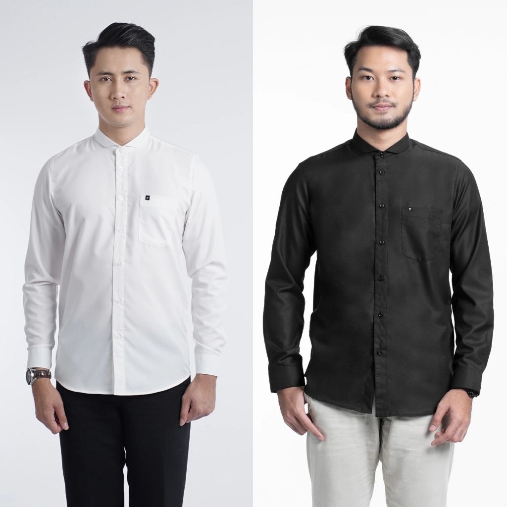 Fadkhera Kamil Black White | Kemeja Pria Dewasa Lengan Panjang | Koko Modern | Kemeja hitam putih le