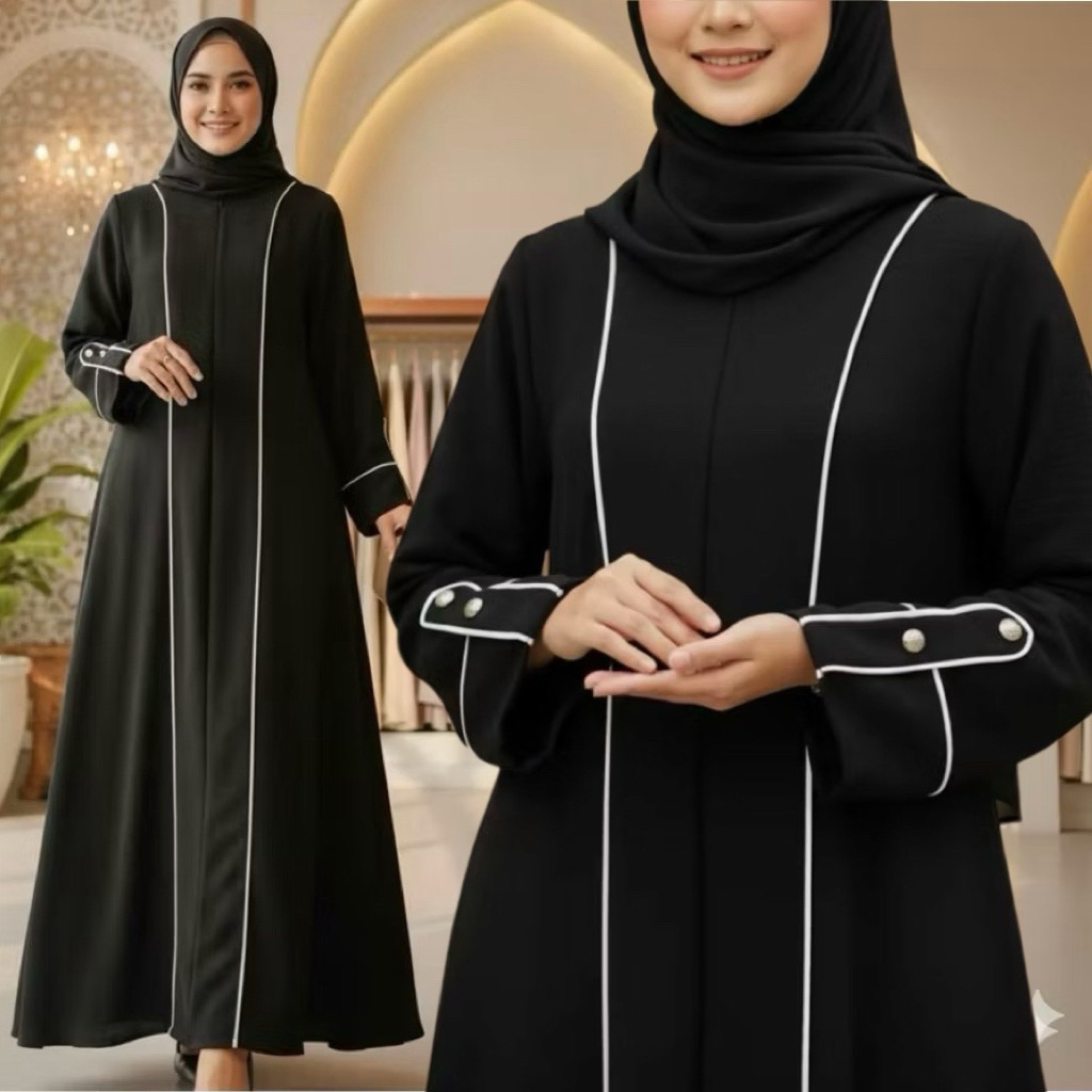 Abaya Nancy Polos lis putih jetblack saudi hitam pekat cantik dress syari dewasa remaja mewah umroh