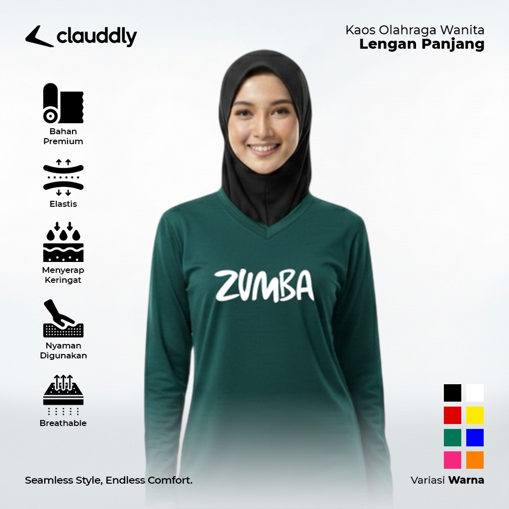 Kaos Olahraga Wanita Warna Hijau Botol Panjang Kaos Zumba Running Senam Lari Big Size Jumbo