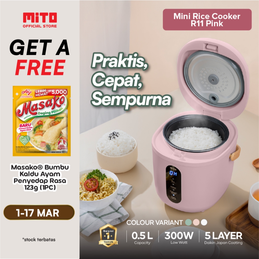 Mito R11 Mini Rice Cooker 0,5L Handle Kayu - Putih dan Pink